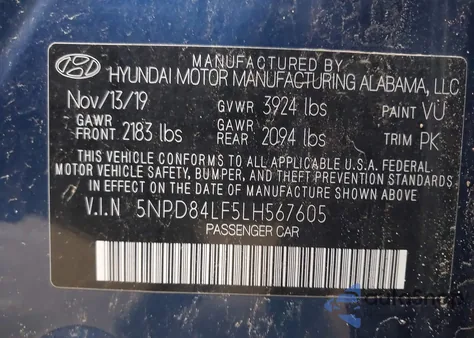 2020 Hyundai Elantra Sel z USA, uszkodzony, nr VIN 5NPD84LF5LH567605